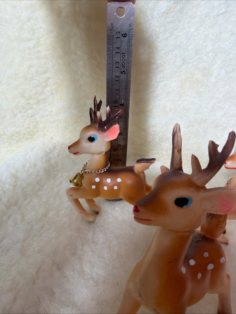 Set of 3 Vintage Soft Rubber  Reindeer  Figurines in Brown with Gold Bells